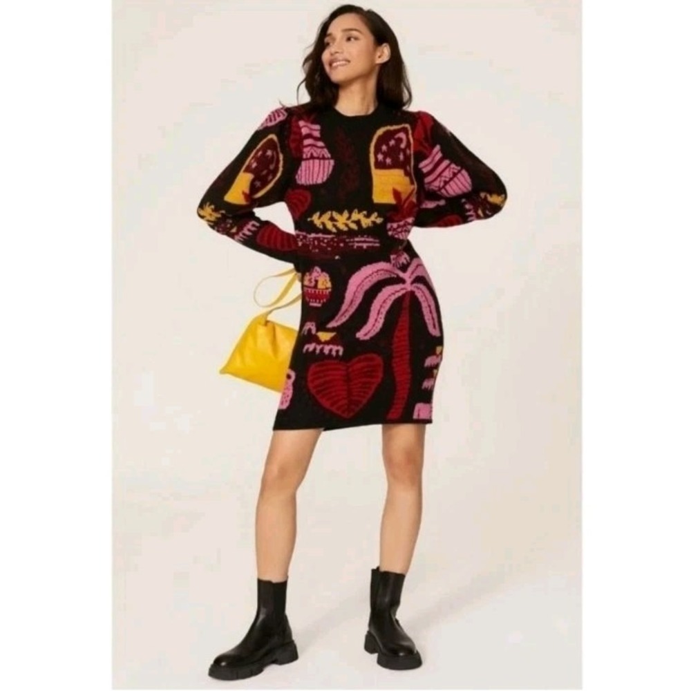Farm Rio Women's XS Tropical Black‎ Magic Sweater Dress Pullover Dopamine
